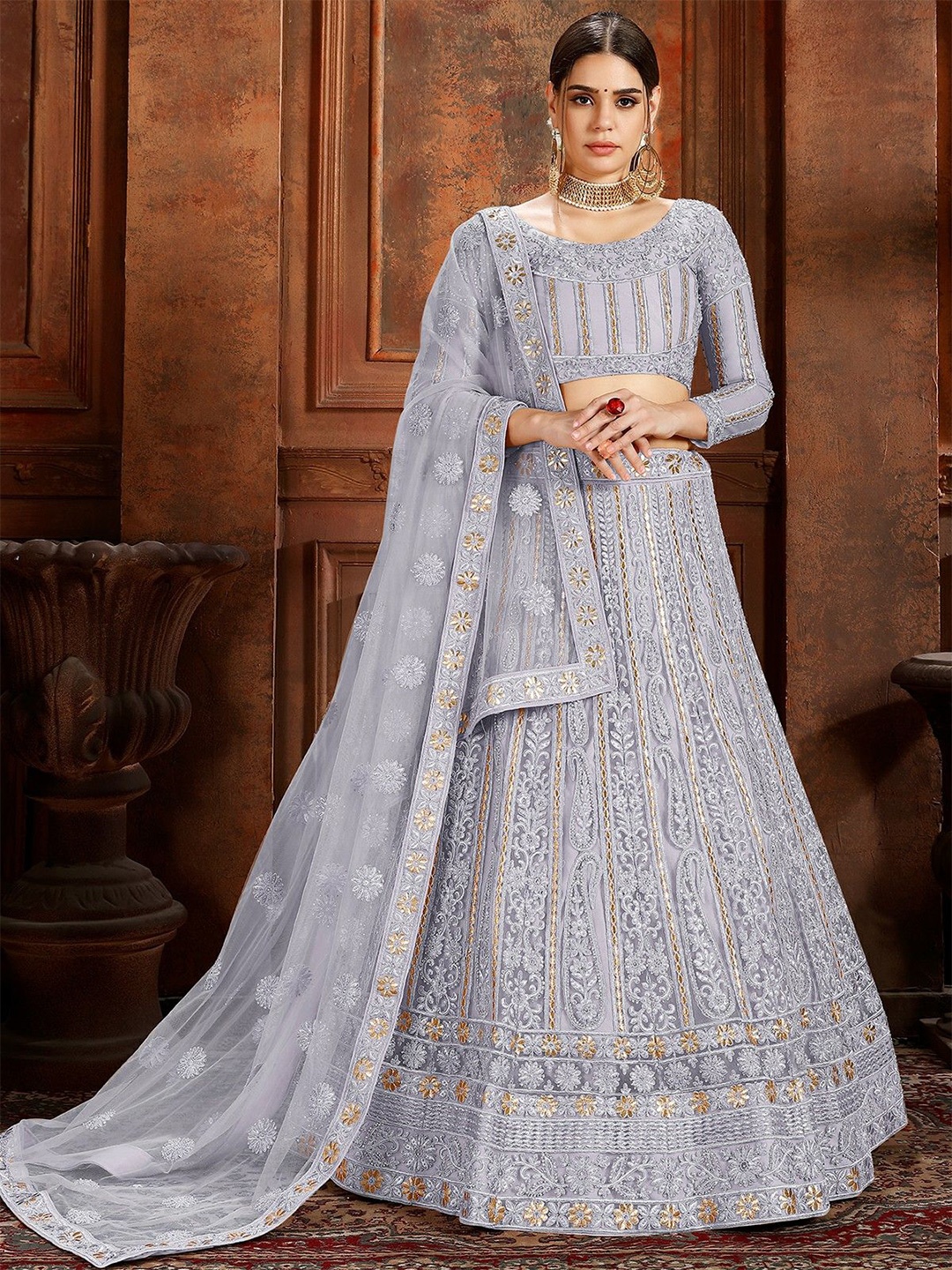 

ODETTE Embroidered Beads and Stones Soft Net Semi-Stitched Lehenga & Blouse With Dupatta, Grey