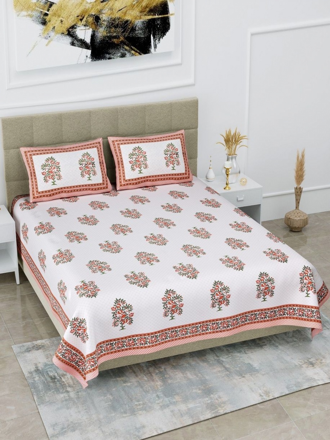 

HOMELINE Brown & White Floral Printed Cotton 180 TC King Bedsheet Set 2.74 x 2.54m