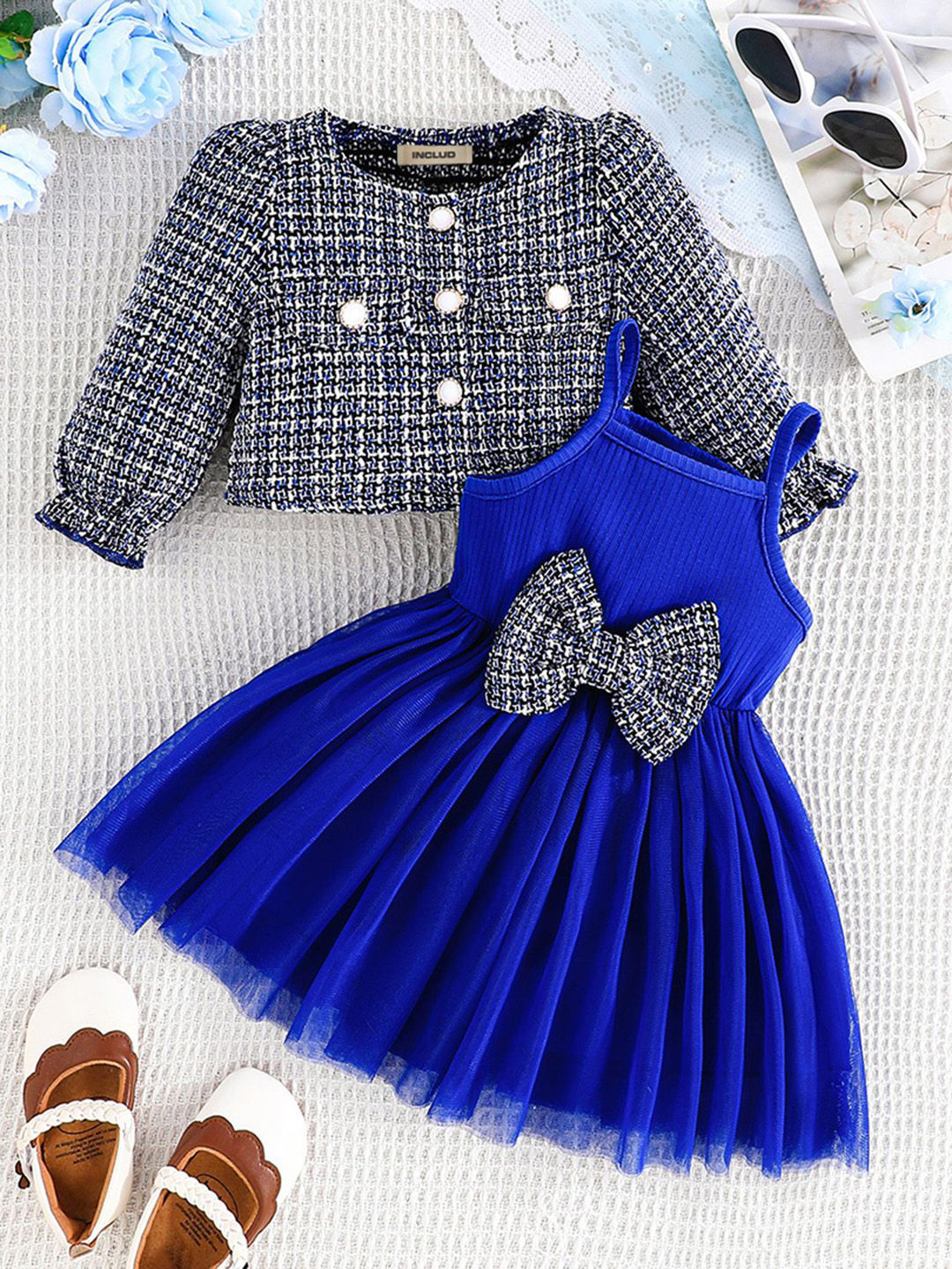 

INCLUD Girls Self Design Fit & Flare Dress With Blazer, Blue