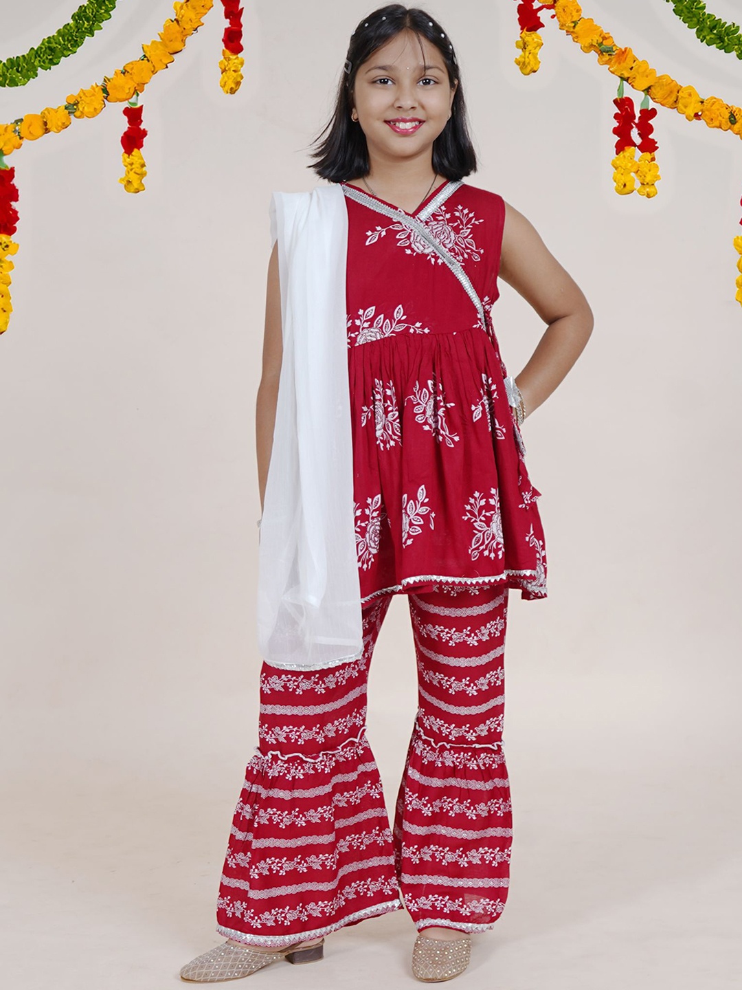 

KiddoPanti Girls Floral Printed Angrakha Anarkali Kurti With Sharara & Dupatta, Maroon