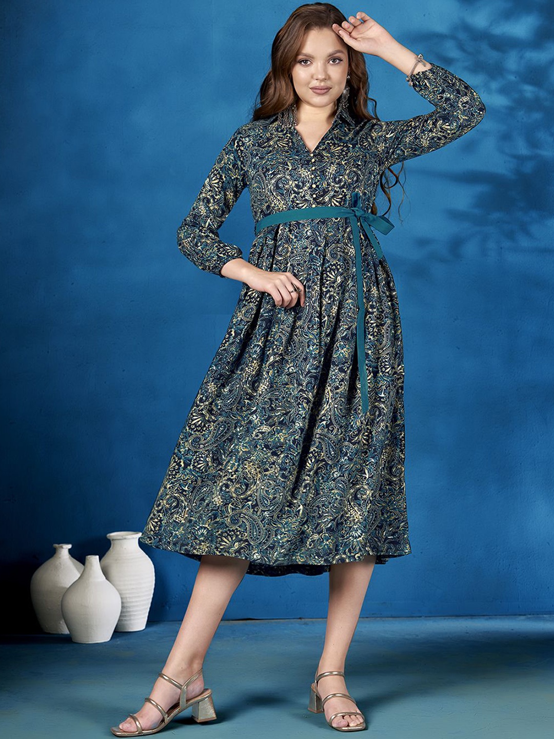 

Anouk Women Printed Fit & Flared Midi Ethnic Dresses, Teal