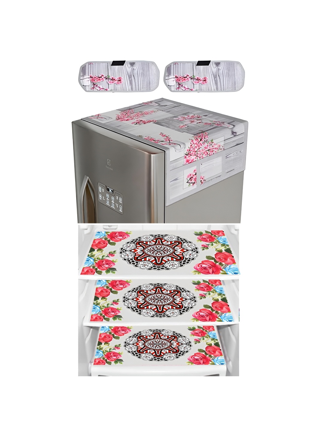 

LooMantha Grey & Pink 6 Pieces Printed Refrigerator Top With Handle Covers & Fridge Mats