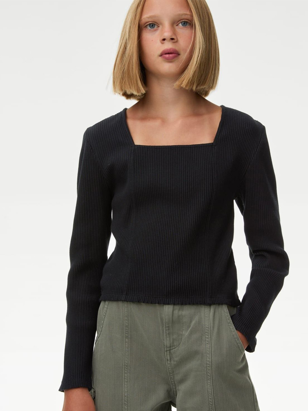 

Marks & Spencer Girls Solid Square Neck Cotton Top, Black