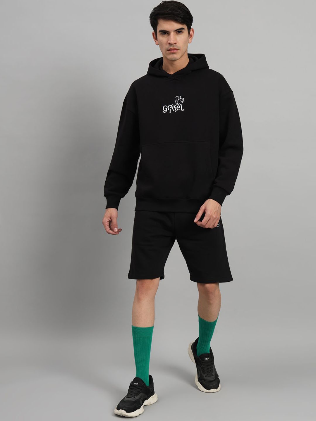 

GRIFFEL Men Printed & Hooded Sweatshirt & Shorts Tracksuits, Black