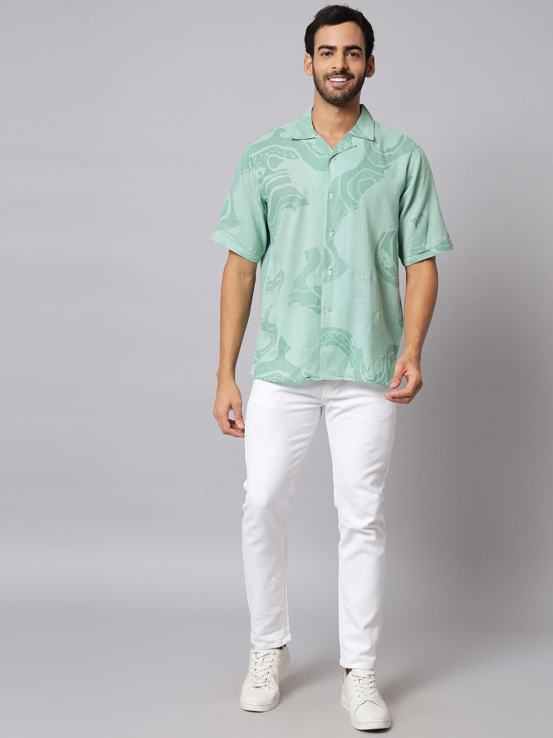 

AMBI Men Standard Cuban Collar Conversational Printed Cotton Casual Shirt, Green