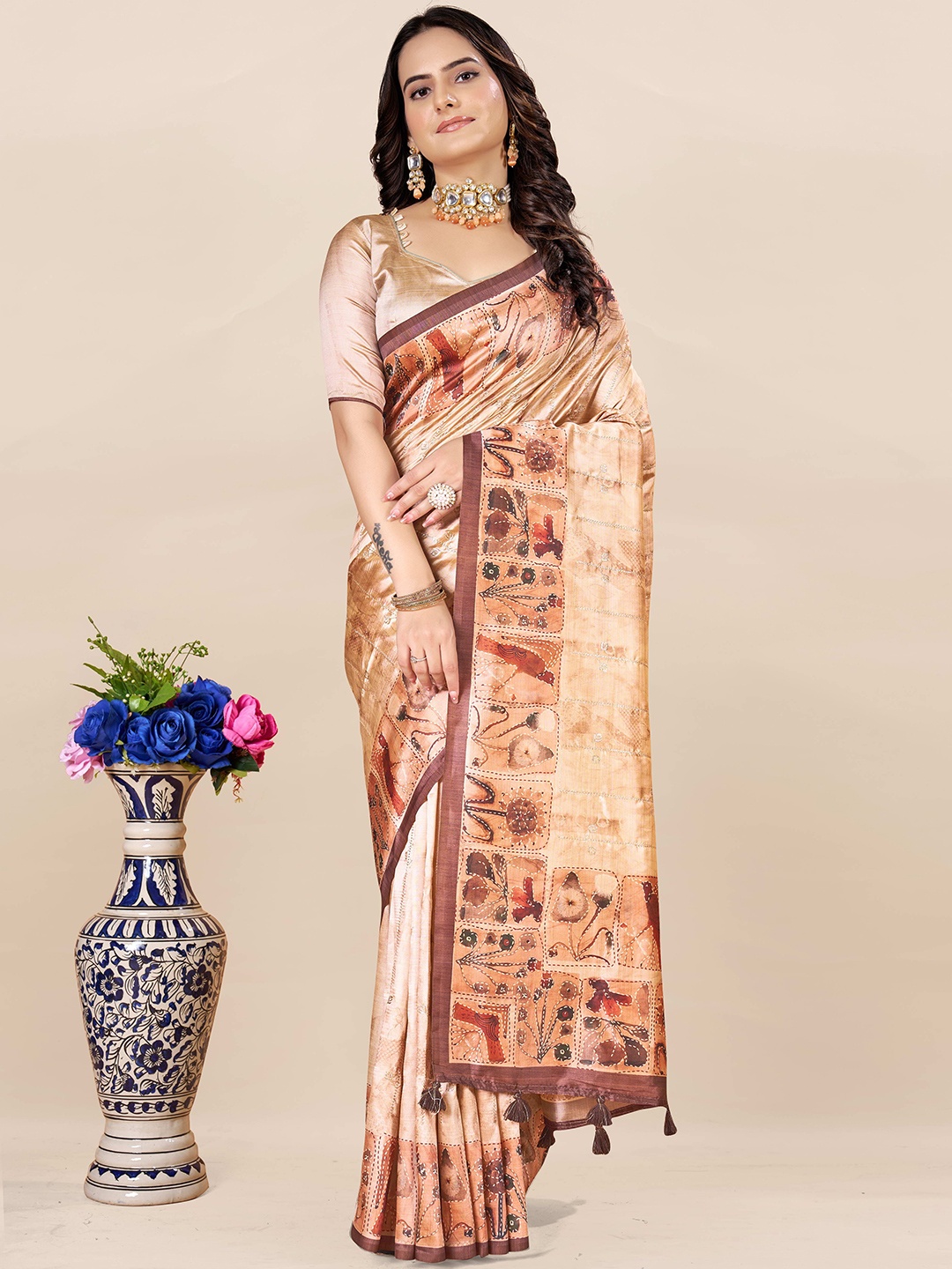 

ETHNIC TODAY Abstract Printed Embroidered Detail Saree, Brown