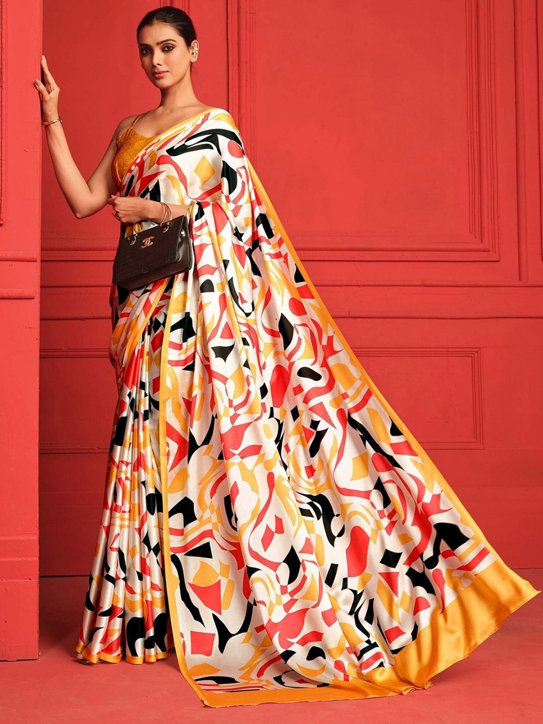 

ODETTE Floral Printed Satin Saree with Blouse Piece, Yellow