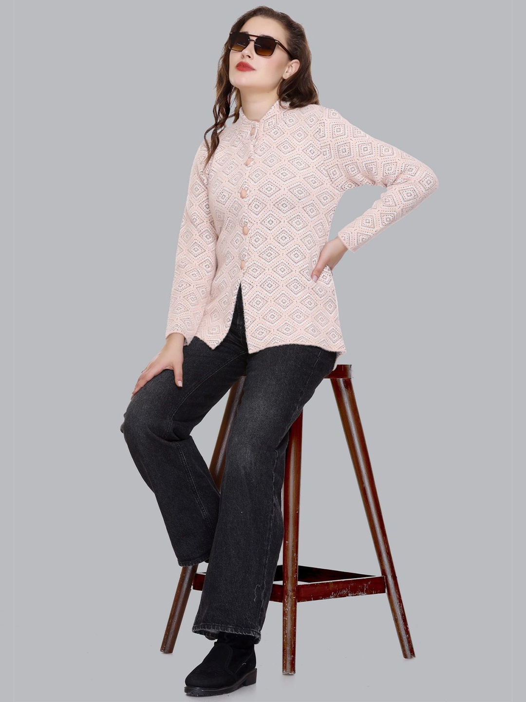 

SOSHAGUN OSWAL Women Woollen Cardigan with Embroidered Detail, Beige