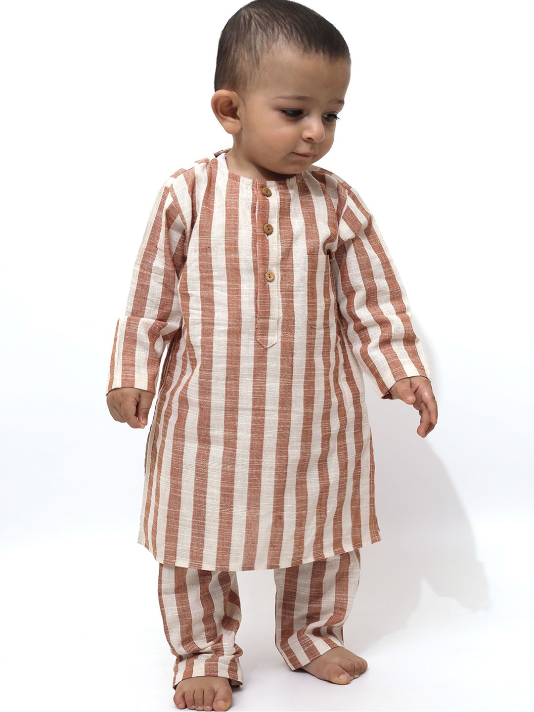 

TJORI Boys Striped Regular Pure Cotton Kurta with Pyjamas, Peach