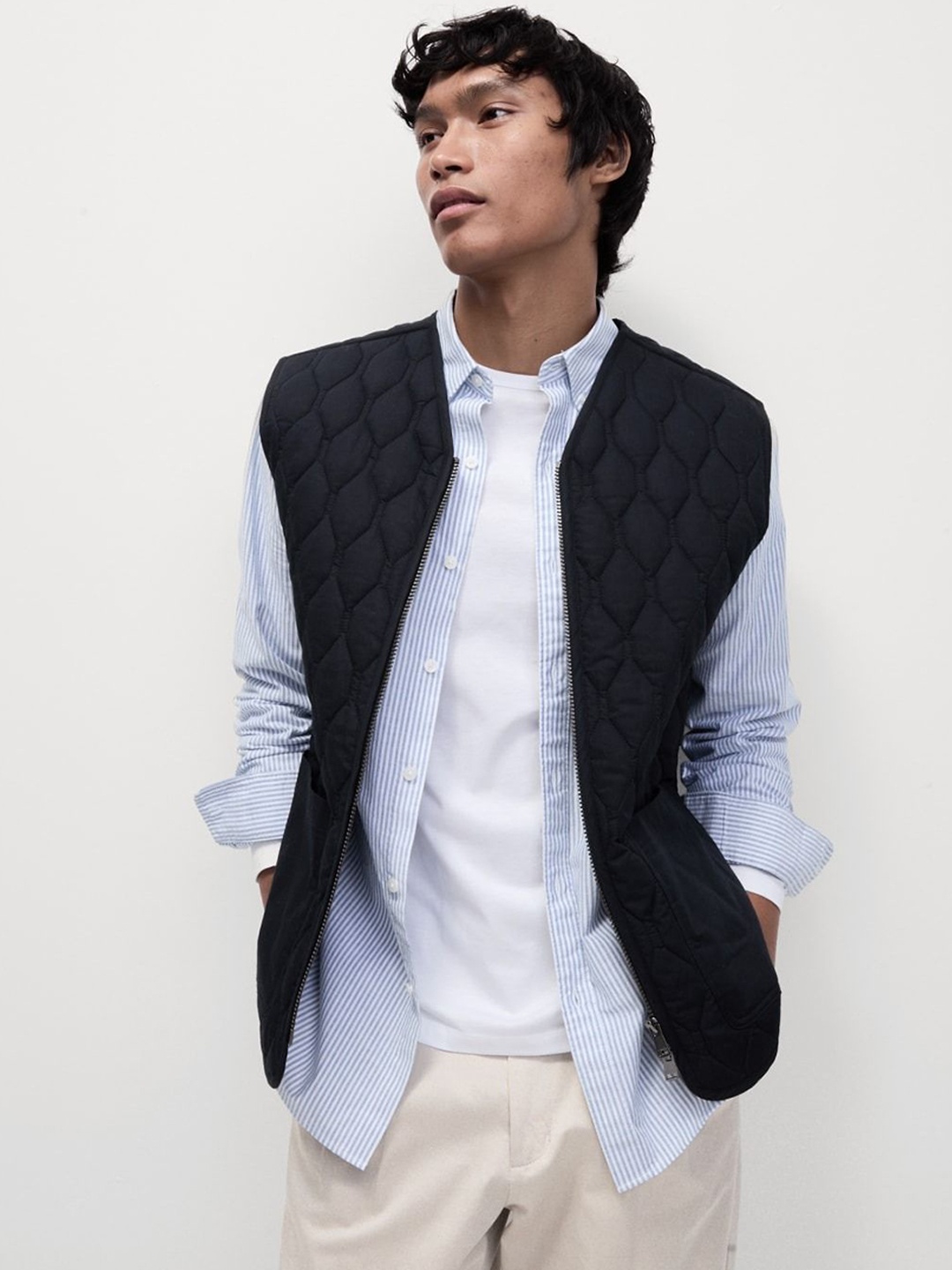 

Marks & Spencer Men Collarless Solid Cotton Casual Open Front Jacket, Black