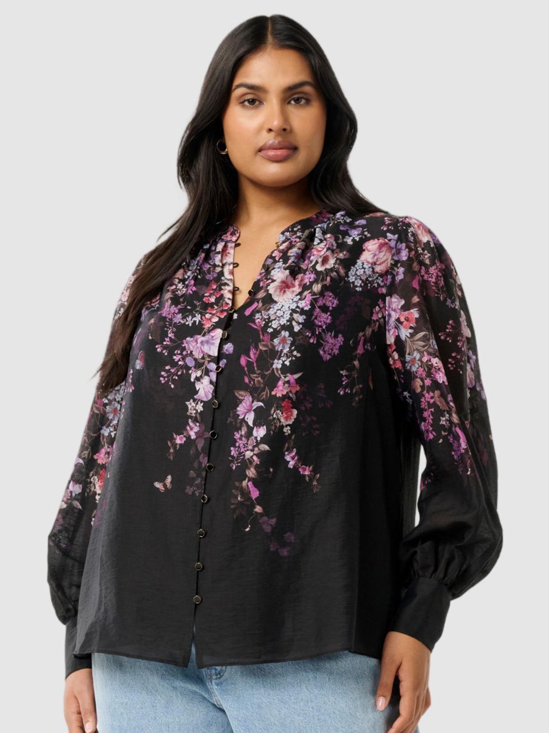 

Forever New Women Floral Printed Bishop Sleeves Blouson Top, Black