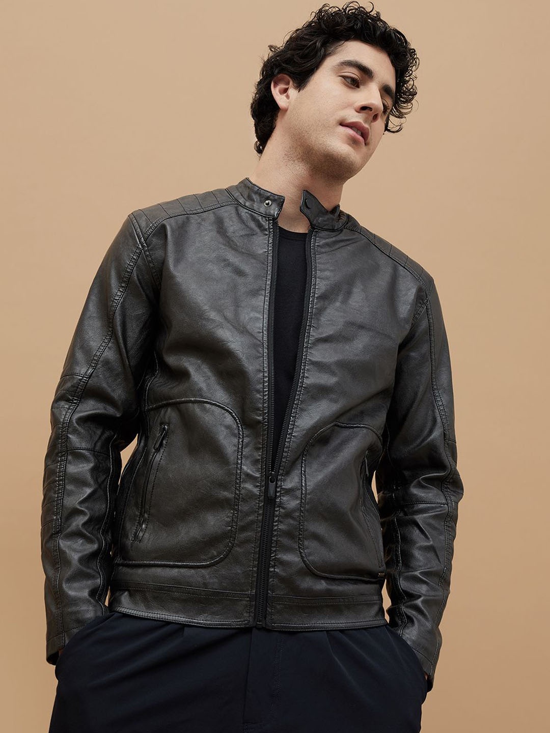 

Forca Men Mandarin Collar Solid Casual Biker Jacket, Black