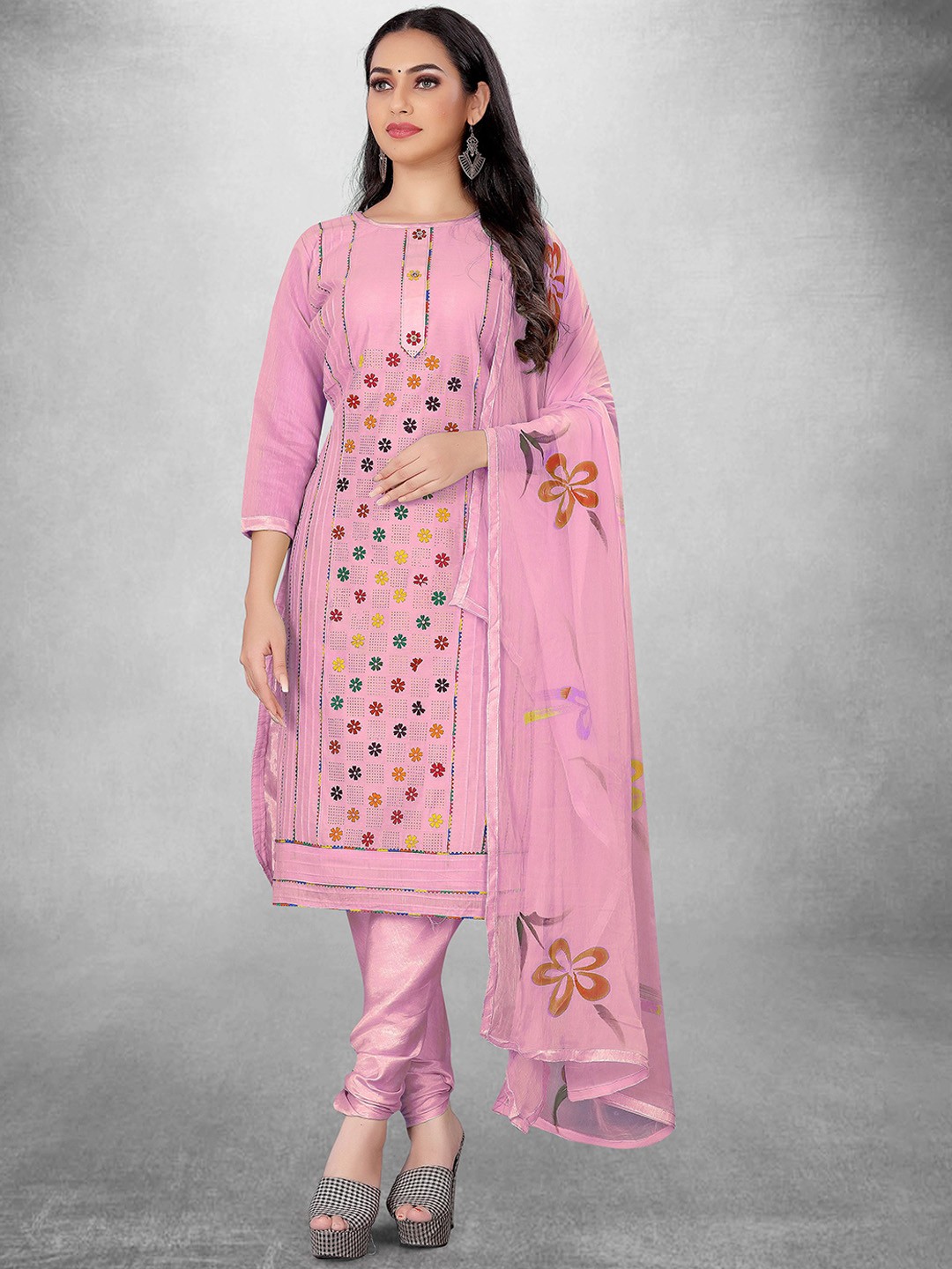 

Maroosh Floral Printed Unstitched Dress Material, Pink
