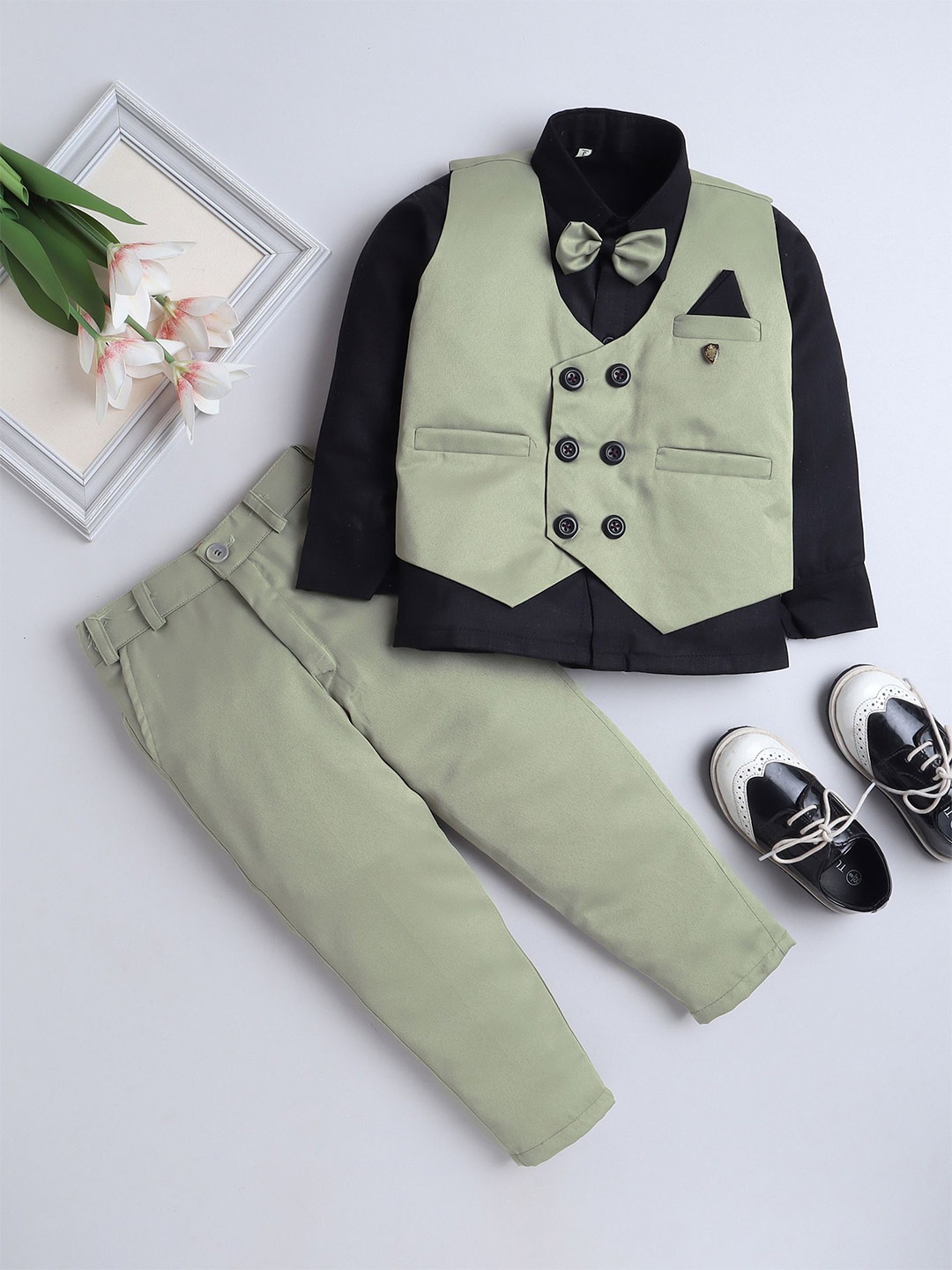 

BAESD Boys Double-Breasted Waistcoat with Trouser and Shirt 3-Piece Suits, Green