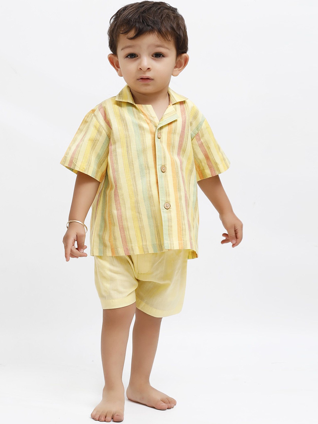 

TJORI Boys Striped Printed Cuban Collar Pure Cotton Shirt & Shorts, Yellow