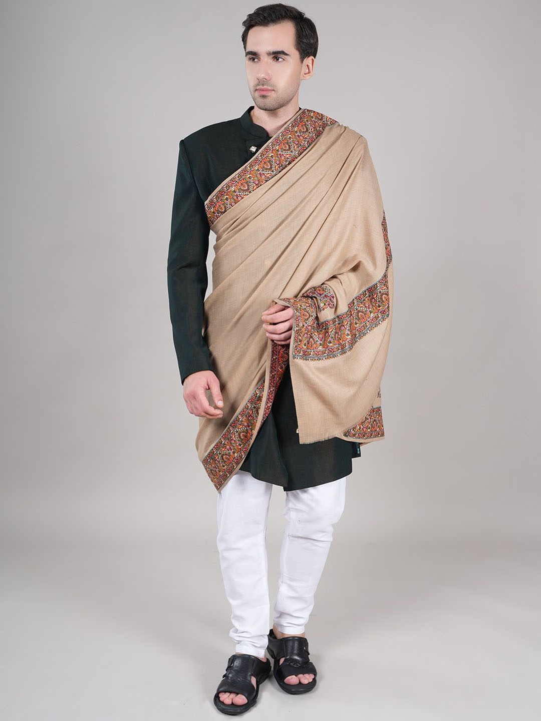 

MUFFLY Paisley Printed Pashmina Woollen Shawl, Beige