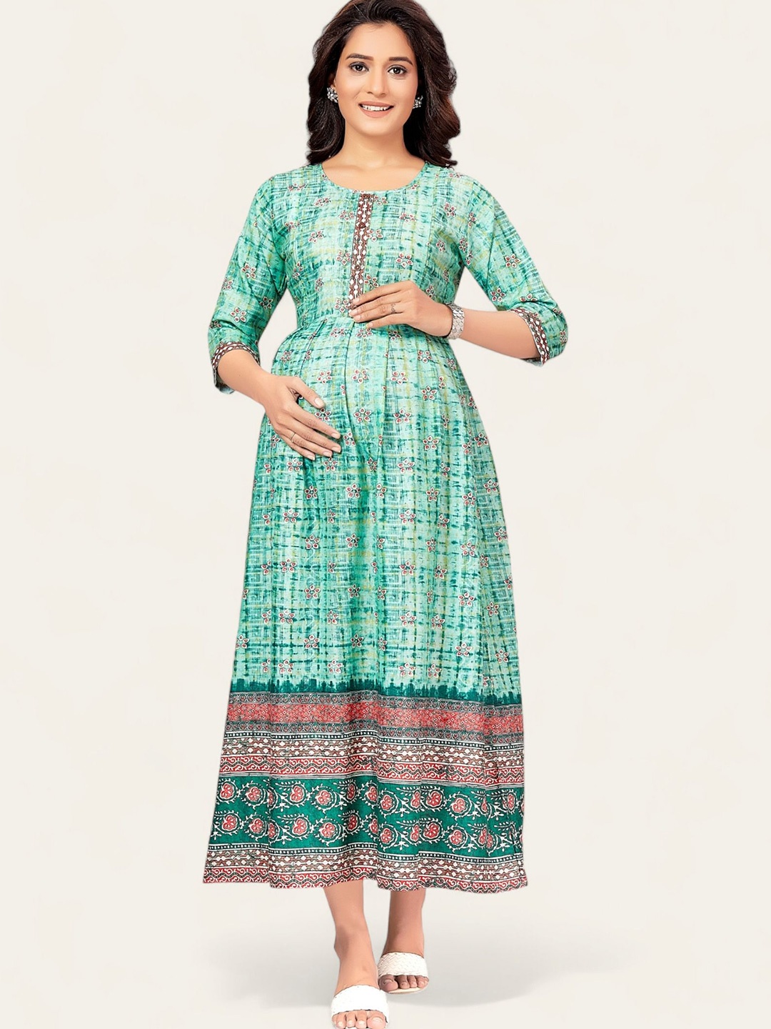 

RITIJYA Women Geometric Printed Gathered Accordion Pleats Maternity Fit & Flare Maxi Dress, Sea green