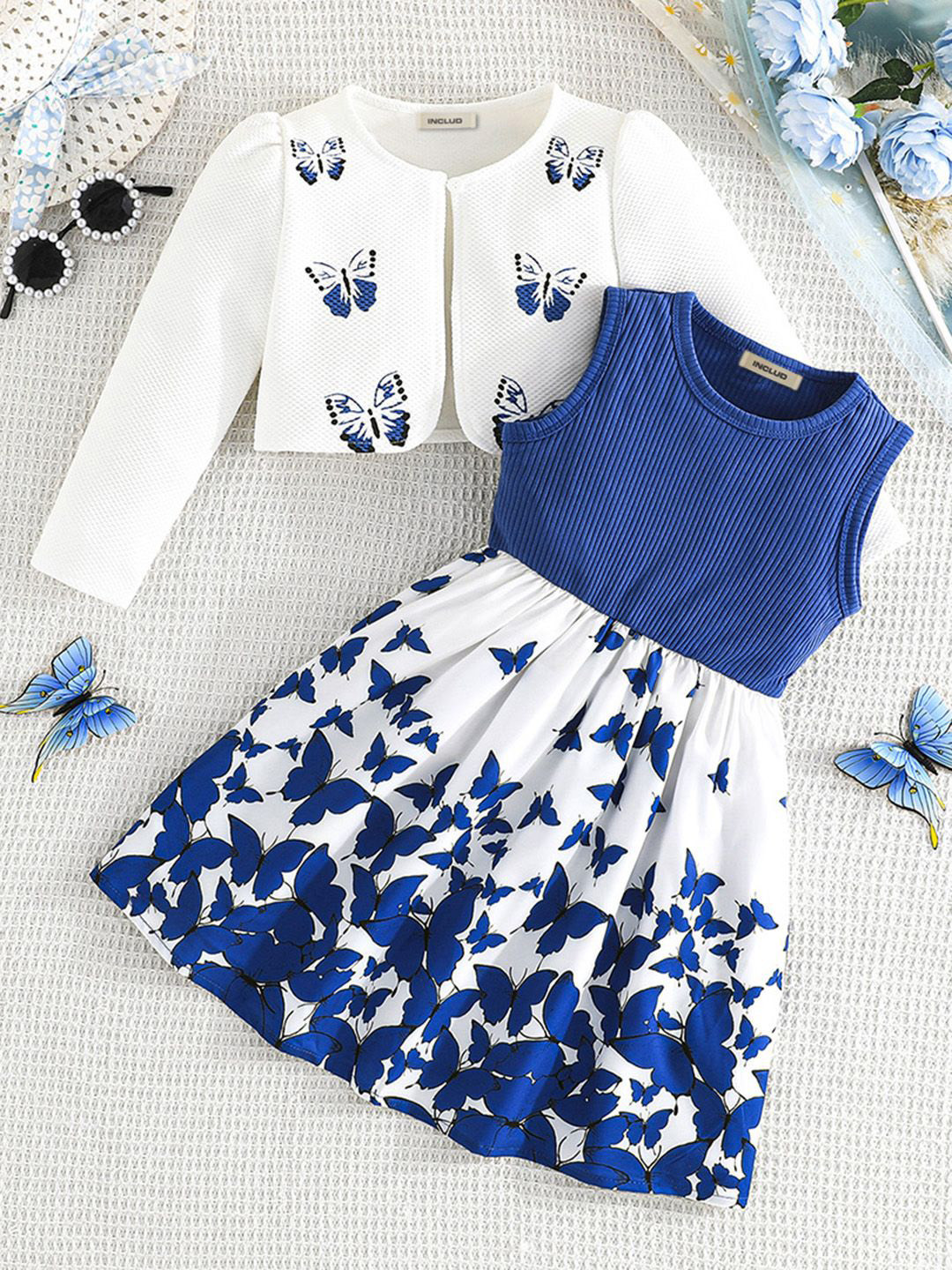 

INCLUD Girls Conversational Printed Fit & Flare Dress, Blue