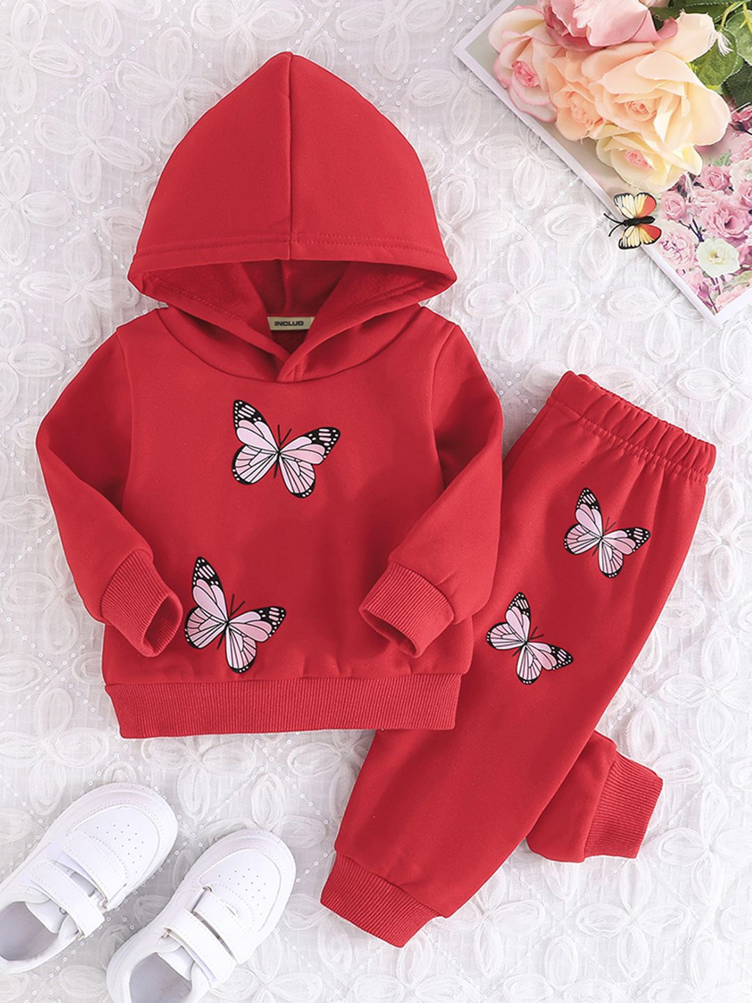 

INCLUD Girls Butterfly Printed Hooded Sweatshirt With Trousers, Red