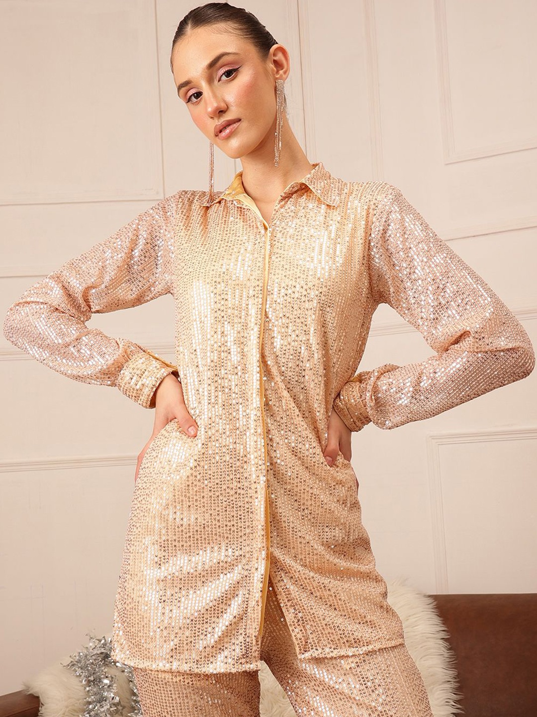 

BAESD Women Spread Collar Solid Party Shirt, Beige
