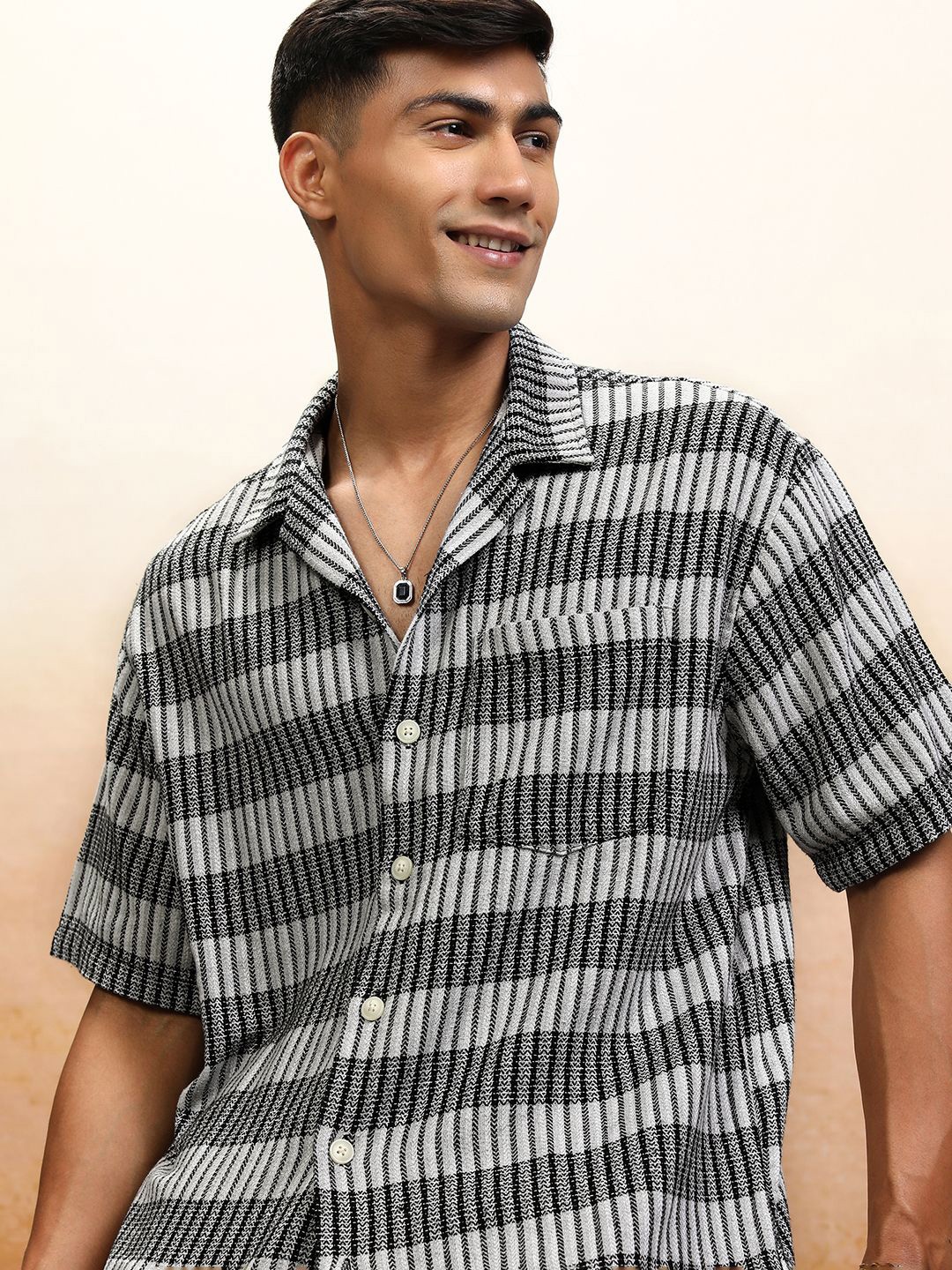 

Highlander Men Oversized Textured Dobby Striped Cuban Collar Shirt, Grey