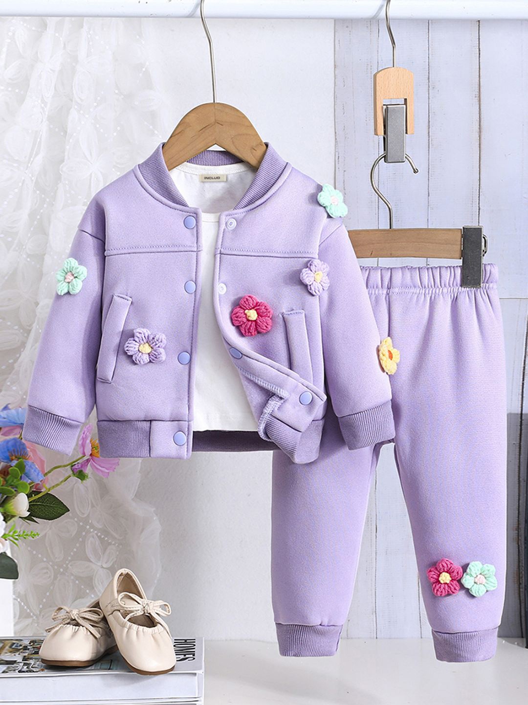 

INCLUD Girls Floral Embroidered Mandarin Collar Coat With Trousers, Purple