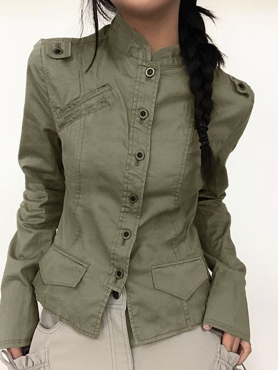 

LULU & SKY Women Band Collar Solid Casual Shirt, Green
