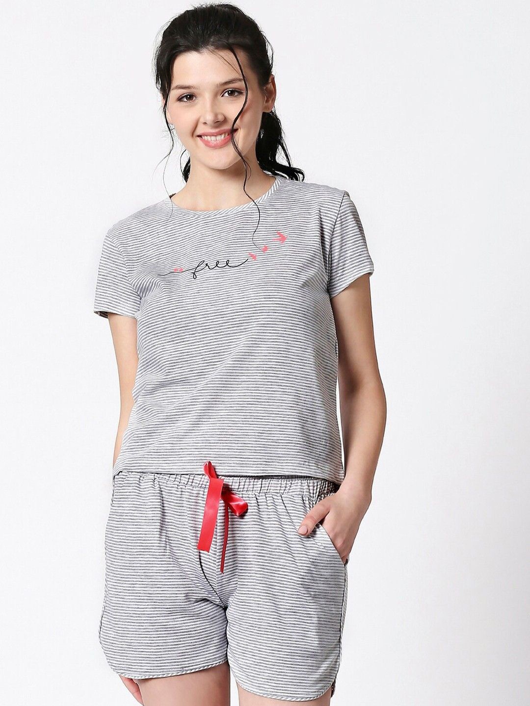 

I like me Women Striped Night suit, Grey