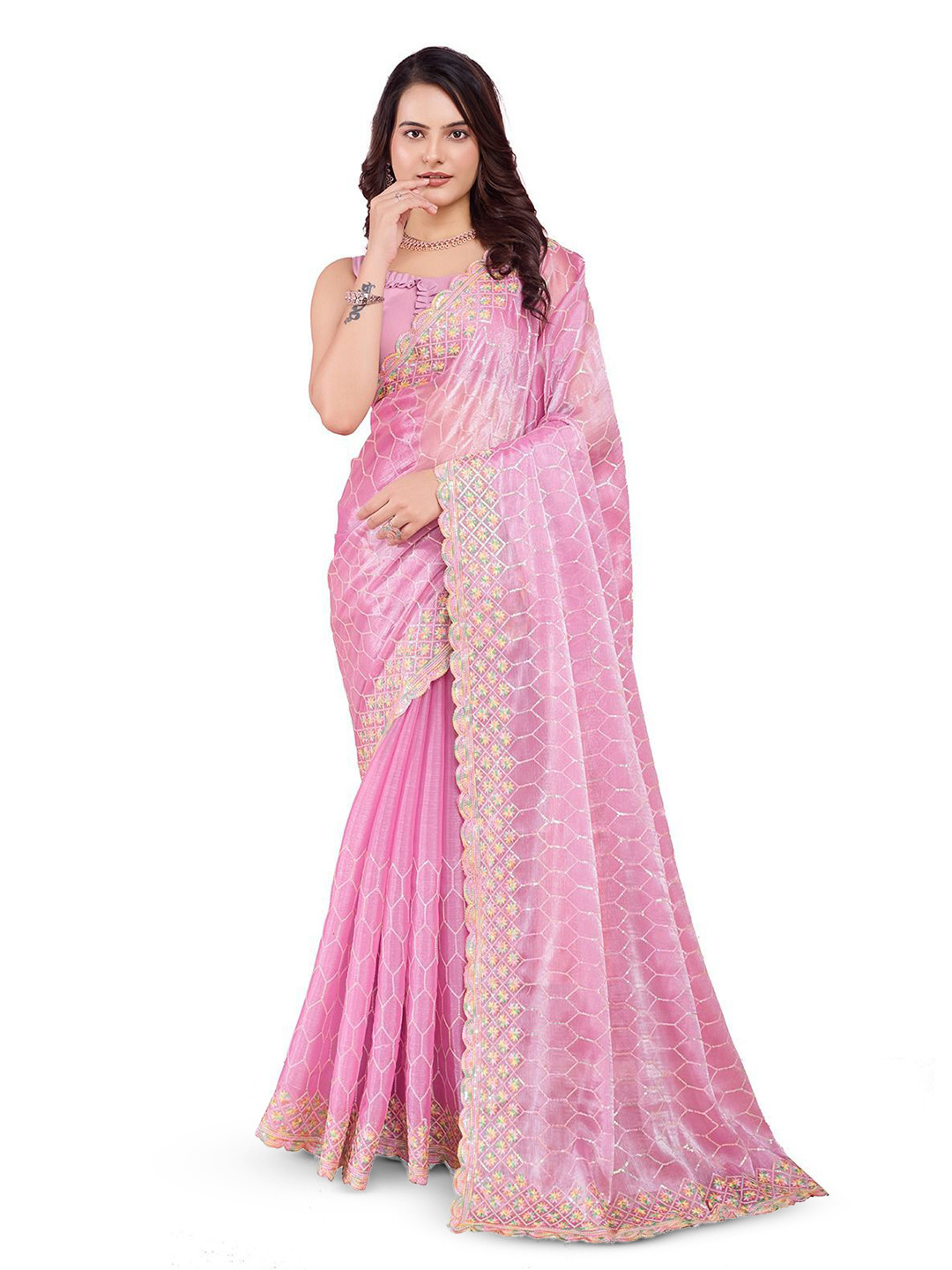 

VenderVilla Floral Embroidered Saree, Pink