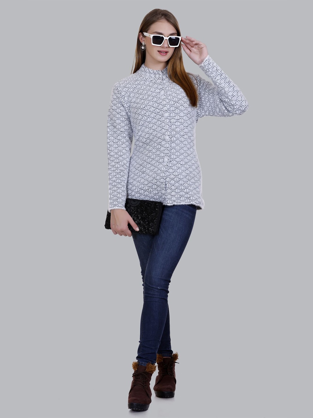 

SOSHAGUN OSWAL Women Printed Woollen Cardigan, White