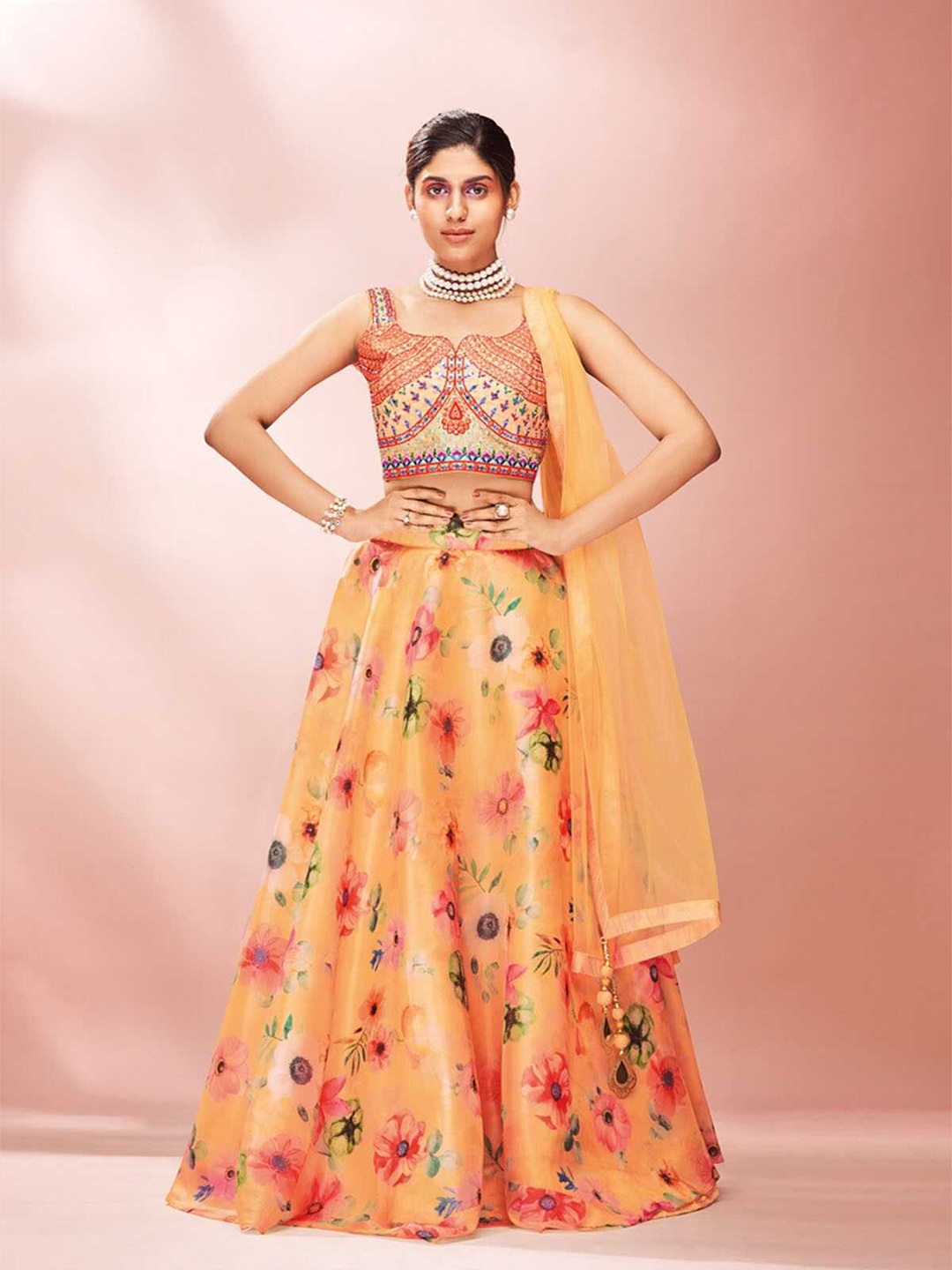 

ODETTE Embroidered Mirror Work Organza Ready to Wear Lehenga & Blouse With Dupatta, Yellow