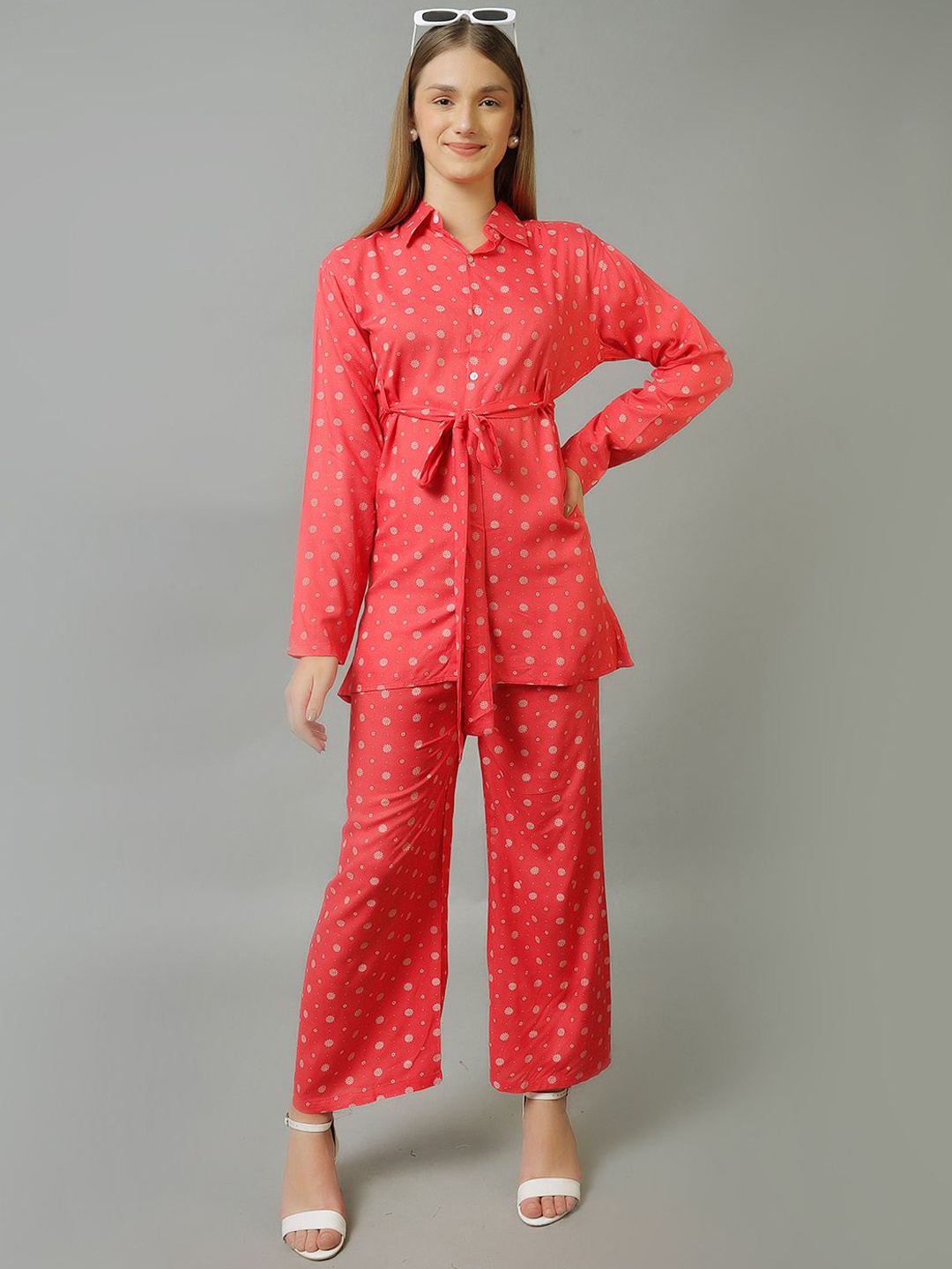 

Xivir Women Printed Shirt With Trousers Co-Ords, Red