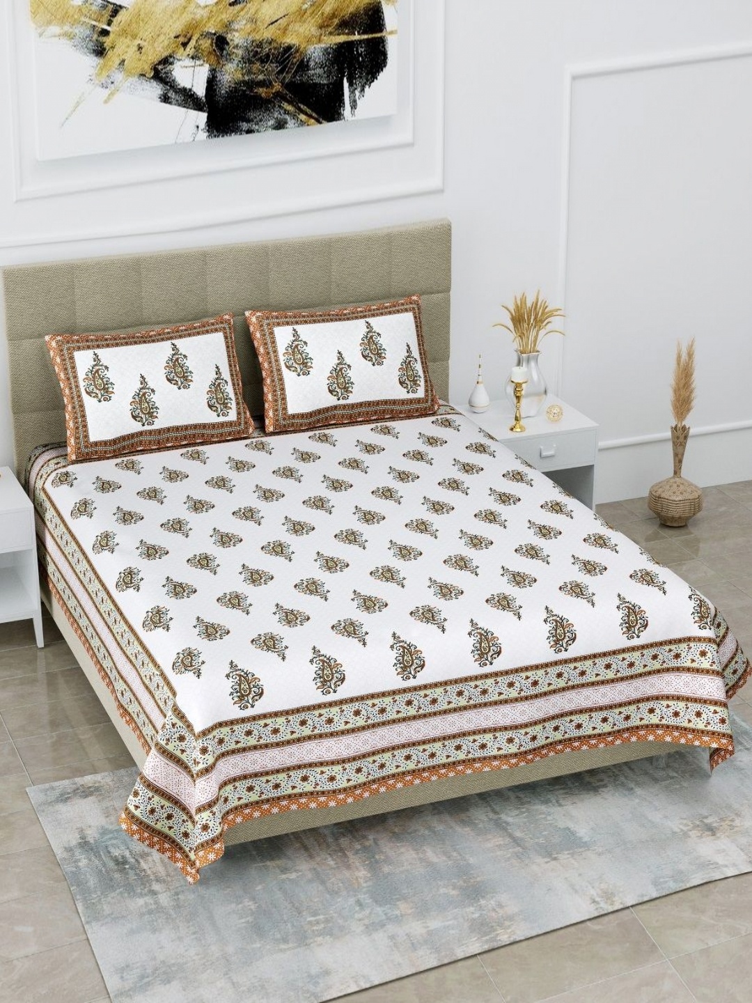 

HOMELINE Brown & White Floral Printed Cotton 180 TC King Bedsheet Set 2.74 x 2.54m
