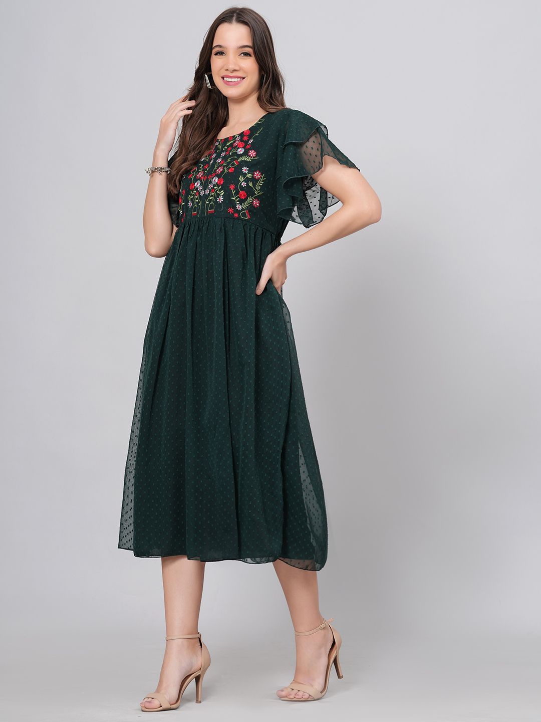 

BAESD Embroidered Fit & Flare Midi Dress, Green