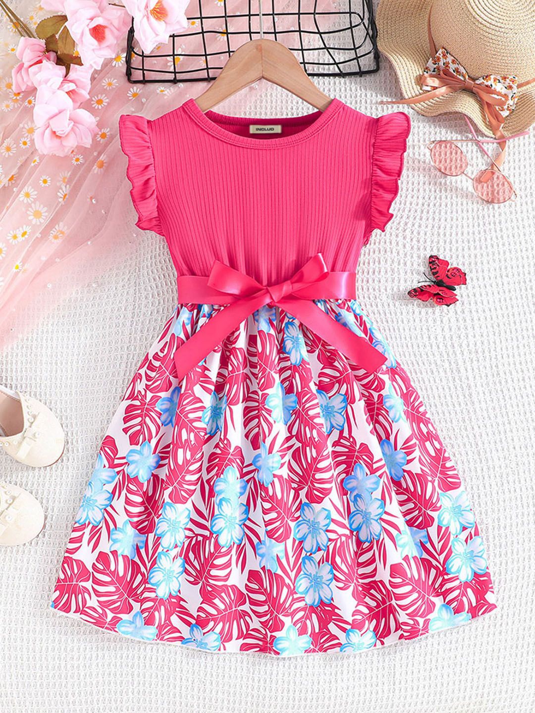 

INCLUD Girls Floral Printed Flutter Sleeve Fit & Flare Casual Dress, Fuchsia