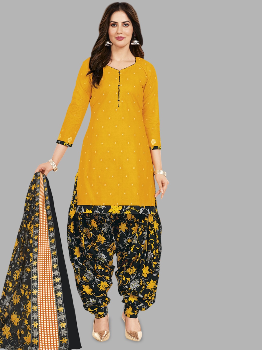 

MIRAAN Printed Pure Cotton Unstitched Dress Material, Yellow