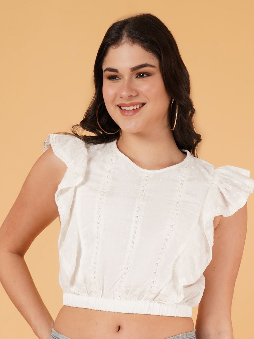 

IX IMPRESSION Embroidered Flutter Sleeve Ruffles Cotton Crop Top, White