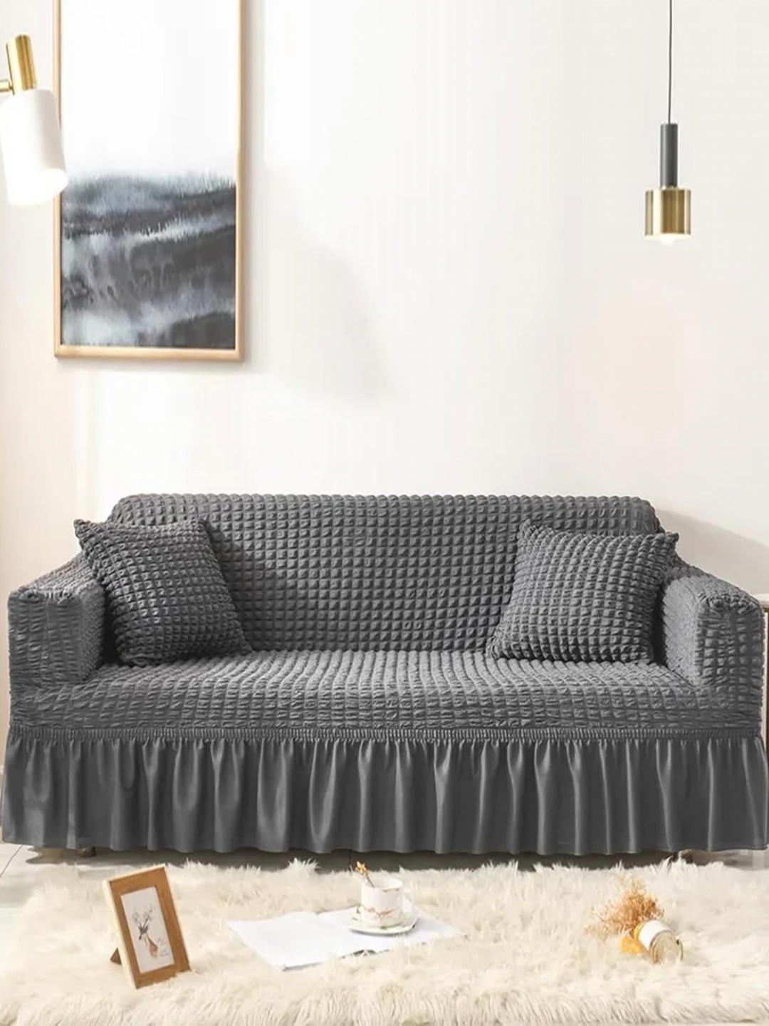 

Lukzer Grey Self Design Sofa Cover With Arms