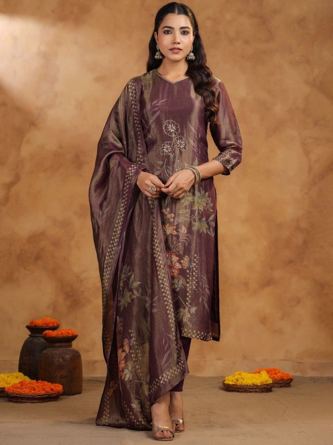 

AUTUMN LANE Women Floral Embroidered Regular Thread Work Kurta with Trousers & With Dupatta, Brown