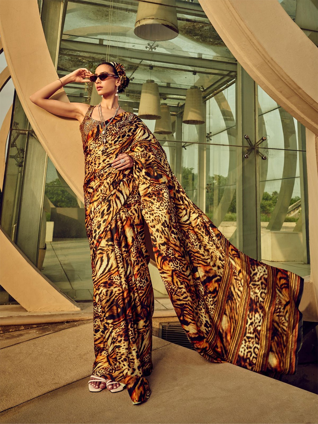 

ODETTE Animal Printed Satin Saree, Yellow