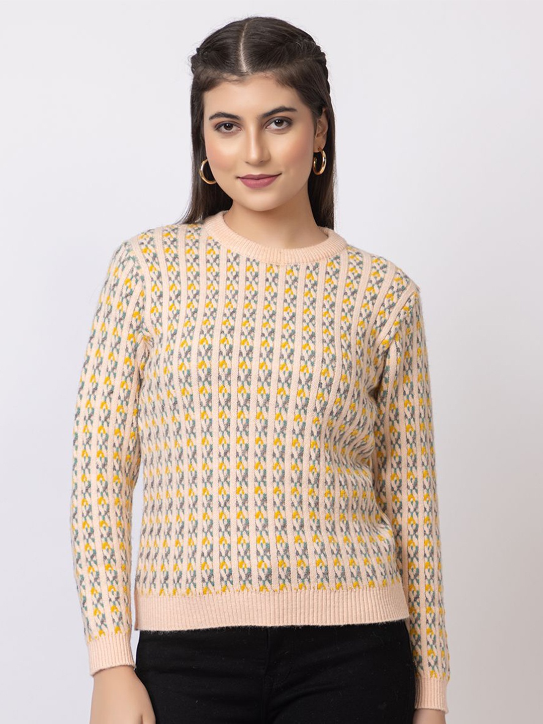 

GFO Women Self Design Woollen Pullover, Beige
