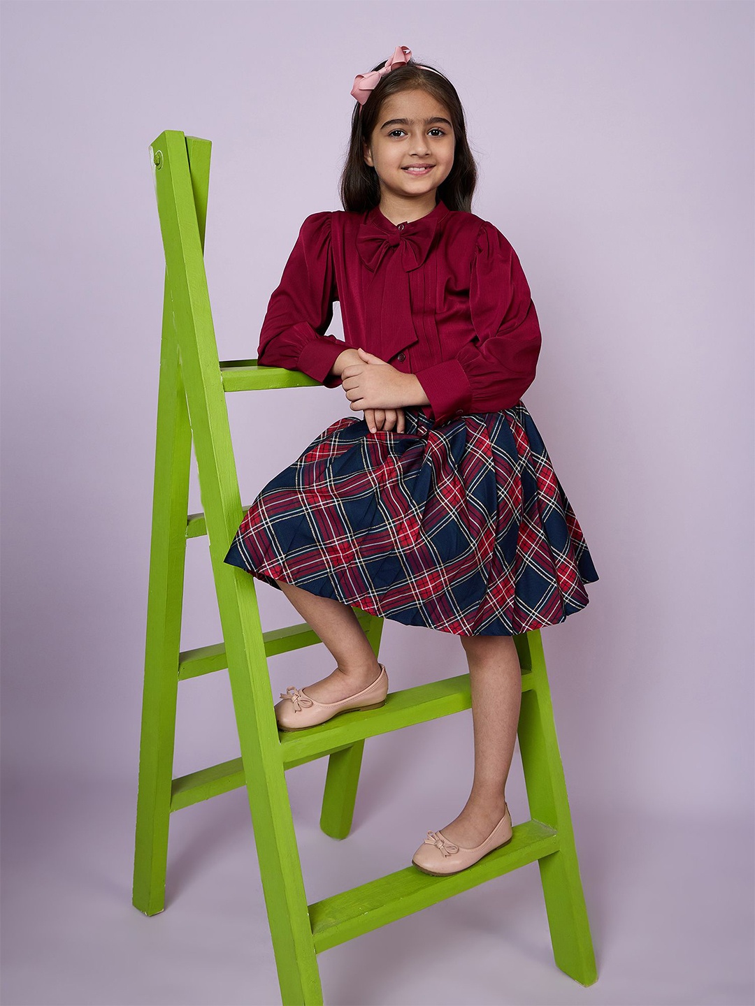 

Peppermint Girls Checked Printed Mandarin Collar Top With Skirt, Maroon