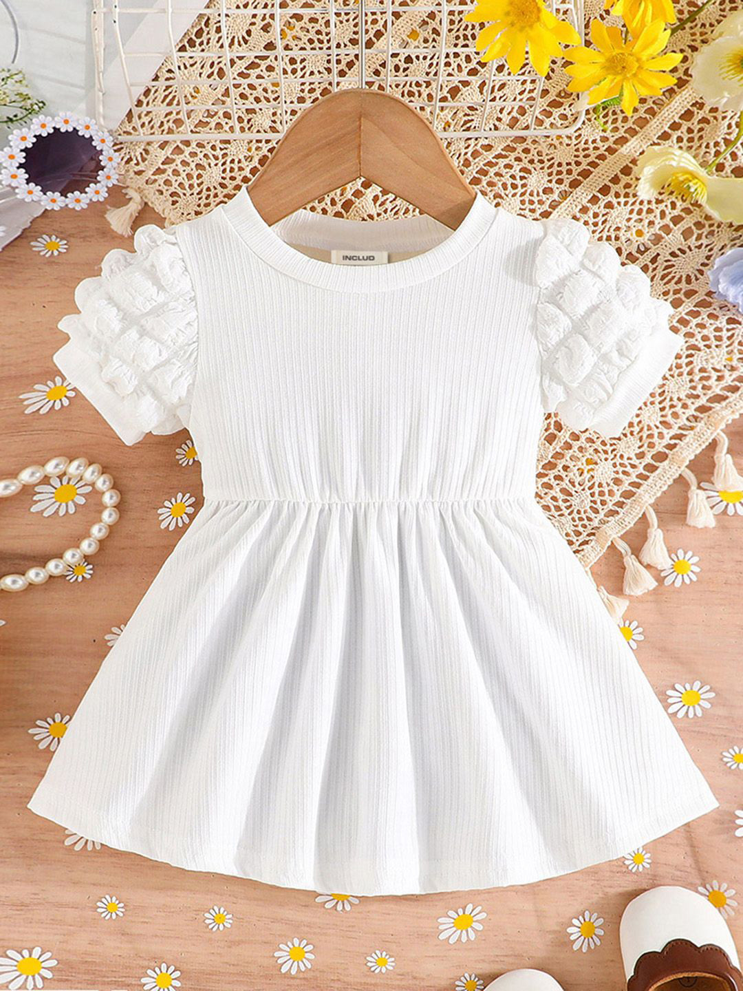 

INCLUD Girls Puff Sleeve Fit & Flare Dress, White