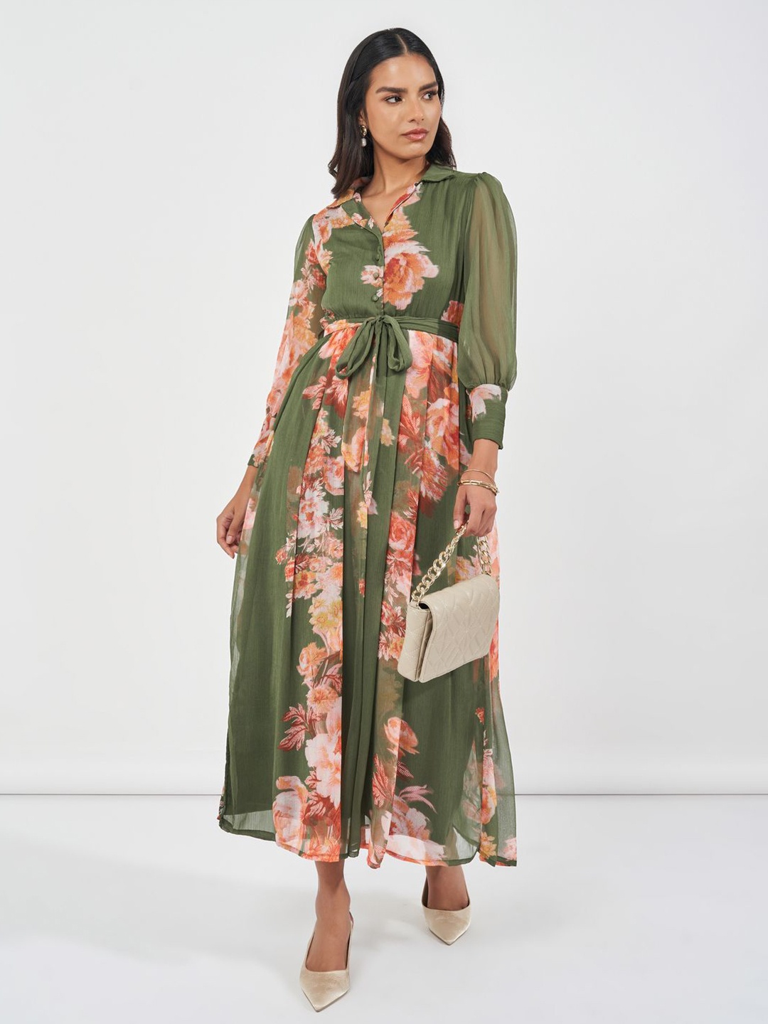 

Styli Floral Print Shirt Collar Cuffed Sleeves Maxi Dress With Tie-Ups, Green
