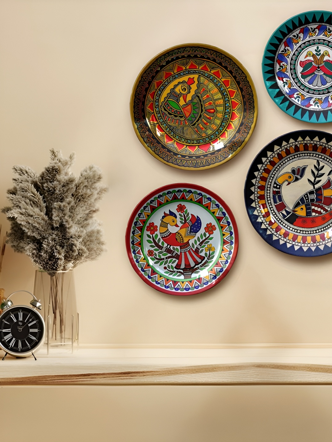 

JIKRAA Madhubani 4 Pcs Red & Green Printed Ceramic Wall Plates