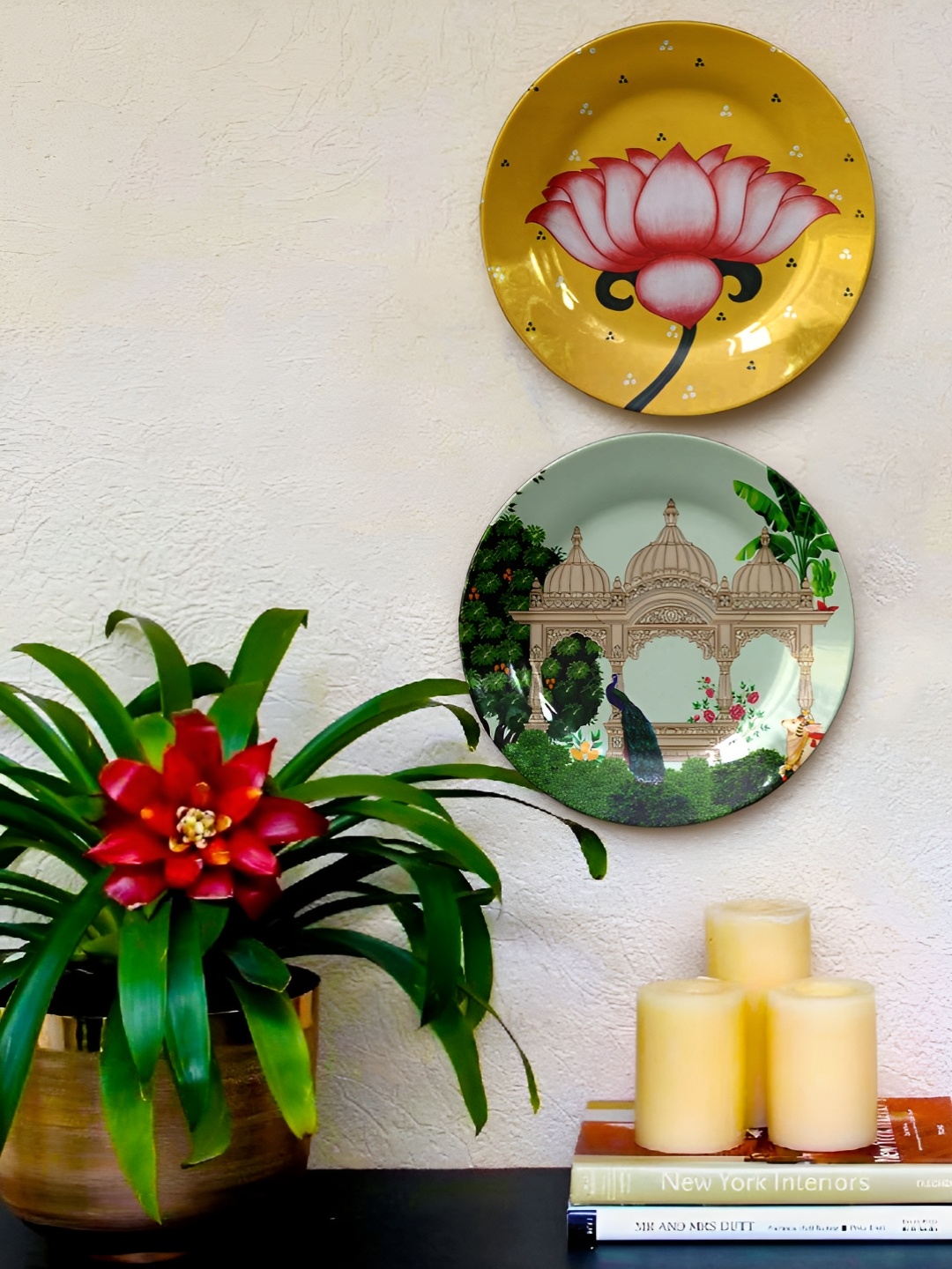 

JIKRAA Pichwari 2 Pieces Green & Yellow Floral Printed Ceramic Wall Plates