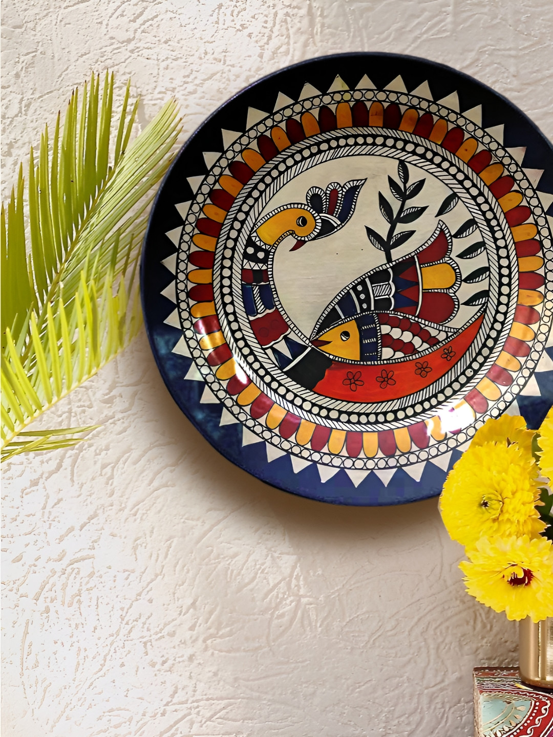 

JIKRAA Madhubani Red & Black Printed Ceramic Wall Plate, Blue