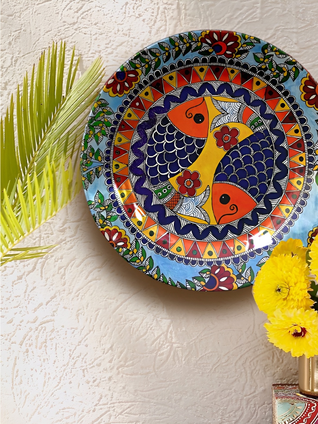 

JIKRAA Madhubani Red & Black Printed Ceramic Wall Plate, Blue
