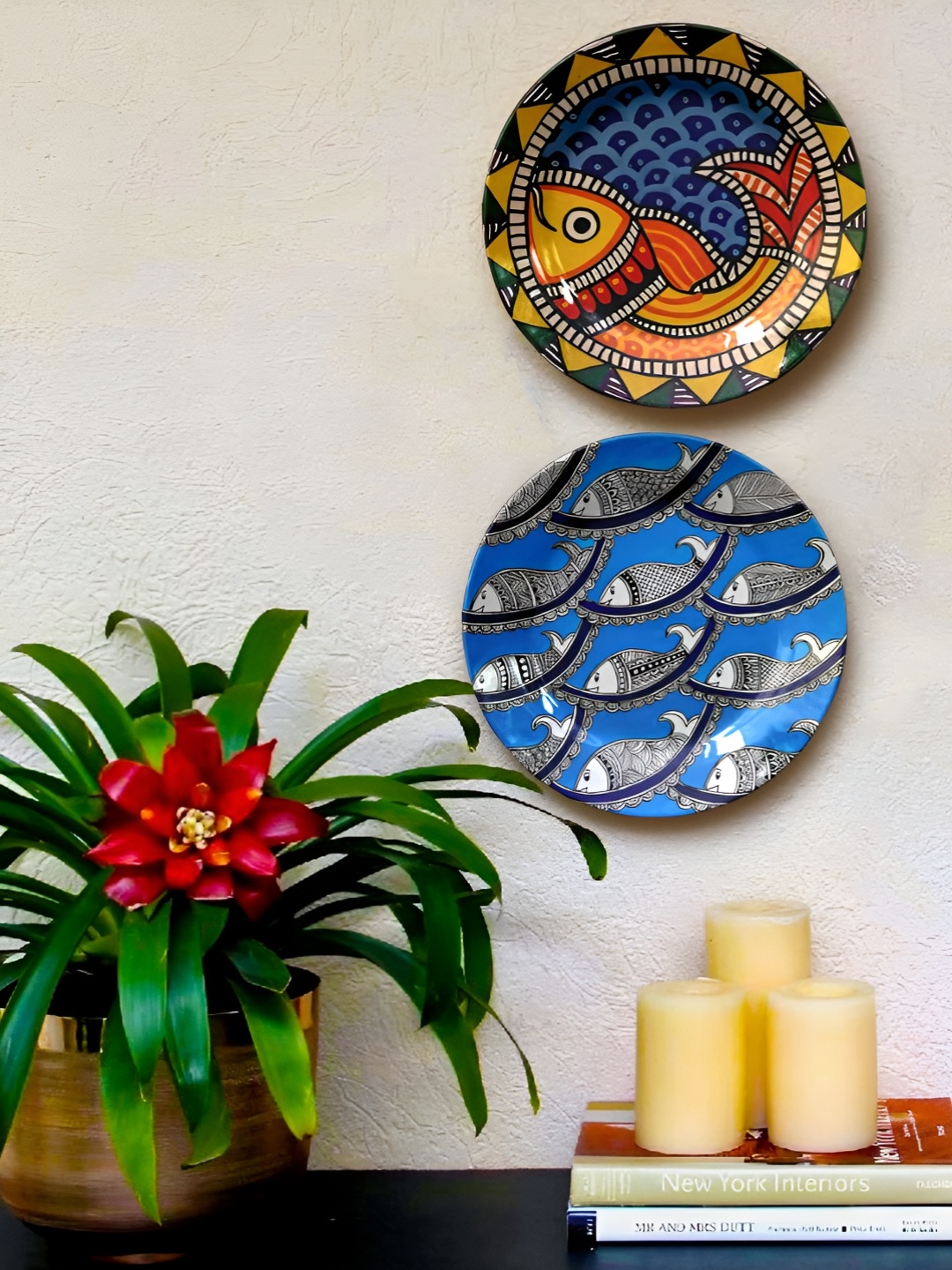 

JIKRAA Madhubani 2 Pcs Blue & Green Printed Ceramic Wall Plates