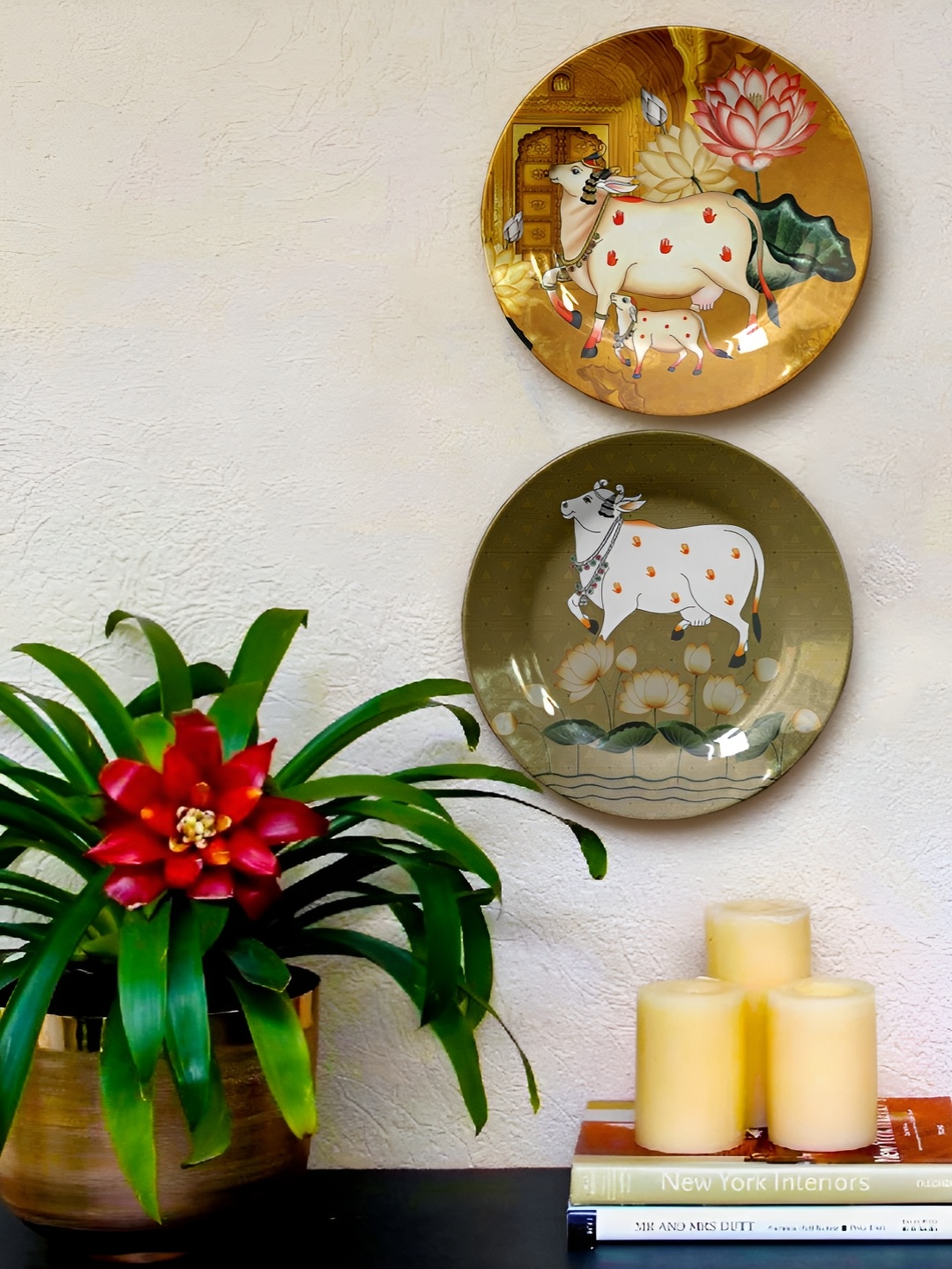 

JIKRAA Pichwari 2 Pcs Yellow & Green Printed Ceramic Wall Plates